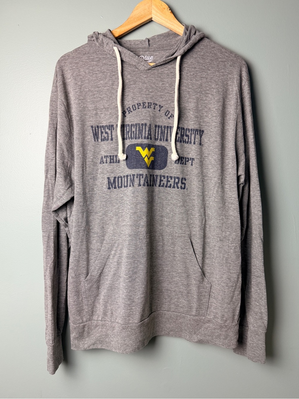 🏈 West Virginia Mountaineers Heather Gray Hooded Pullover – Blue 84 (Men’s L)